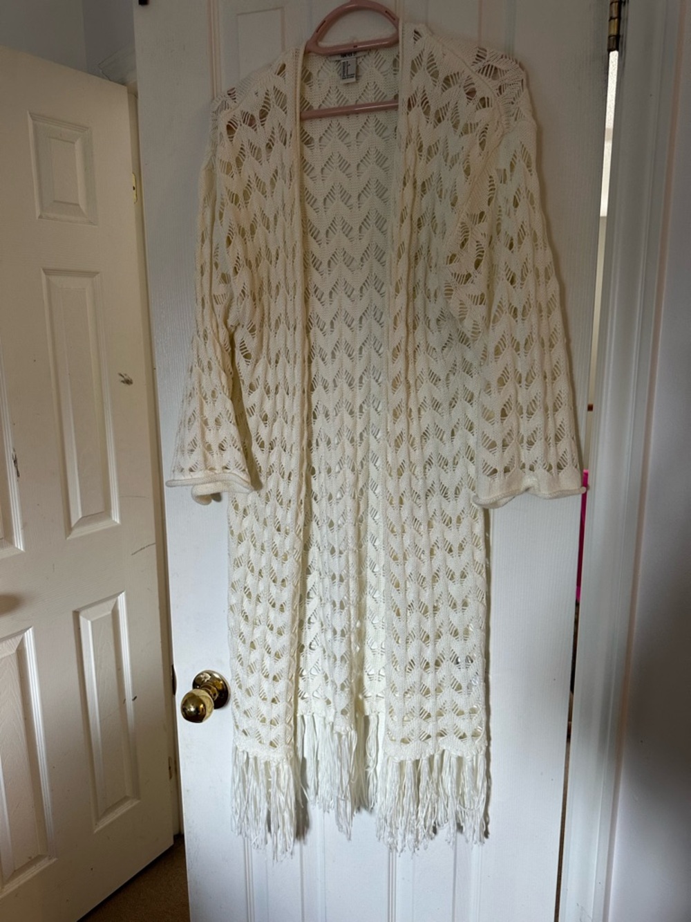 Forever 21 Cream Open-Knit Fringe Long Cardigan